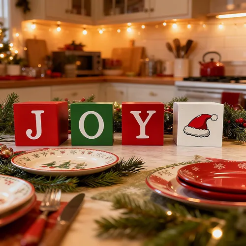 Vista 2 de 4 piezas de decoración de mesa de Navidad para interiores, bloques de madera, letreros rojos, verdes y blancos, centros de mesa de Navidad