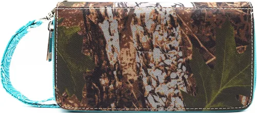 Vista 2 de Caballo de camuflaje con tachuelas de conchos con diamantes de imitación de cuero para mujer, doble cremallera, monedero occidental