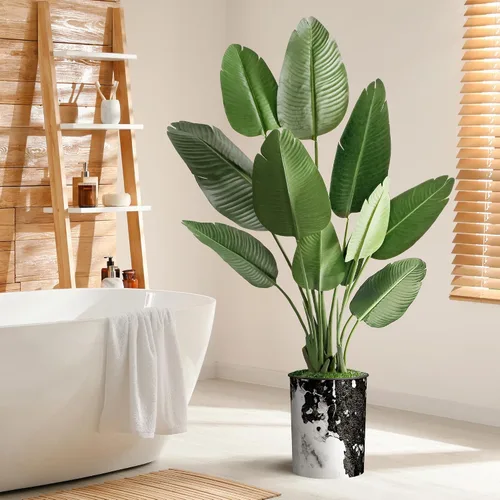 Vista 6 de SIGNWIN - Árbol artificial en moderna maceta con efecto de granito, ave del paraíso artificial de seda para decoración del hogar en interiores