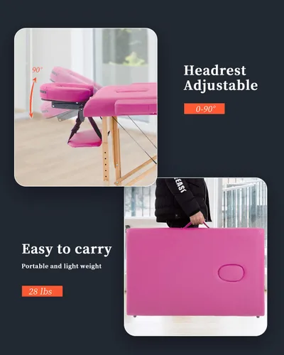 Vista 4 de Mesa de masaje para salón, cama, spa, cama de masaje, mesa de masaje de 2 pliegues, 73 pulgadas de largo, 34 pulgadas, altura ajustable, ancho