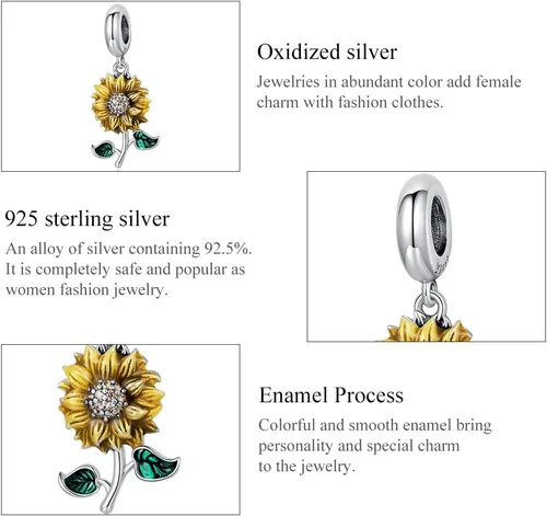 Vista 5 de Shysnow Pulseras de plata de ley 925 con dije de girasol, chapado en oro, circonita cúbica, con abalorios, brazalete, collar