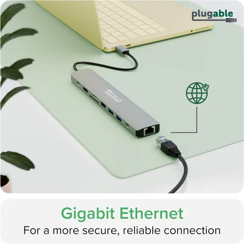 Vista 9 de Plugable Adaptador multipuerto USB C Hub: 9 en 1 con carga PD de 140 W, HDMI 4K 60Hz, transferencia de datos de 10 Gbps, Gigabit Ethernet, SD