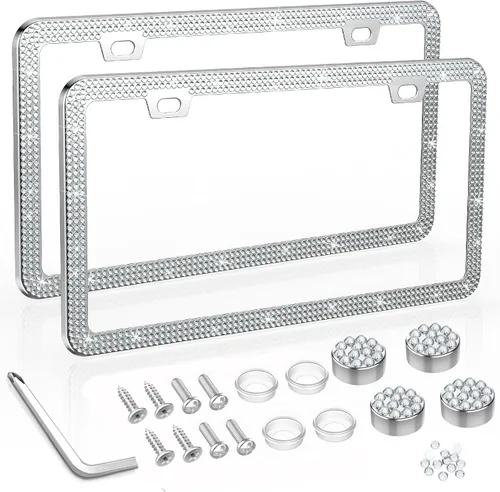 Vista 15 de SHARE&CARE Marco de matrícula brillante, cubierta de matrícula de cristal, soporte para placa de automóvil con diamantes de imitación de cristal AB