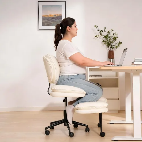 Vista 9 de HOMRELEXA Silla de oficina con patas cruzadas, silla de escritorio ergonómica cruzada en nube, silla de meditación con ruedas, asiento ajustable