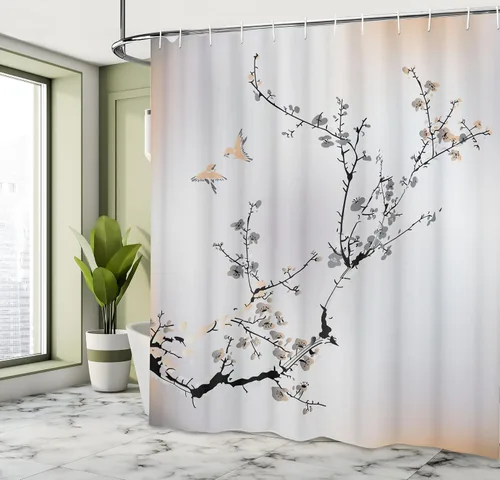 Vista 4 de Ambesonne Cortina de ducha natural, flores pájaros con diseño de cerezo asiático, juego de tela con ganchos para decoración de baño, artículos