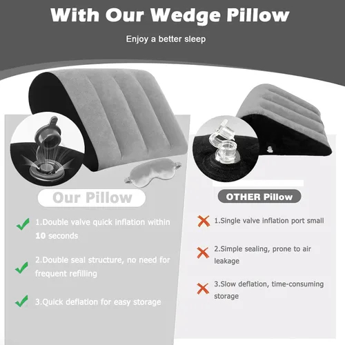 Vista 5 de Almohada inflable de cuña para dormir, almohada inflable de cuña con juego de máscara de ojos de seda para viajes, elevación de piernas, soporte
