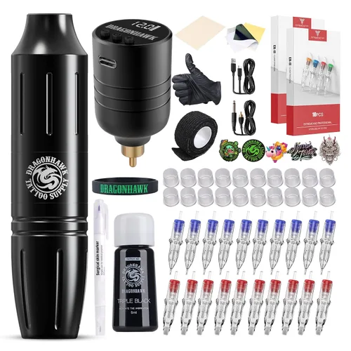 Vista 10 de Dragonhawk Kit de bolígrafo de tatuaje inalámbrico, máquina rotativa para Kit de tatuaje - 2