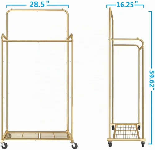 Vista 7 de Simple Trending - Perchero para ropa de doble varilla, estante resistente con ruedas para colgar ropa, con 4 ganchos, color dorado