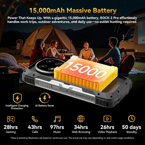 Vista 5 de Blackview Rock 2 Pro 5G Teléfono resistente Android 16, 15000mAh/33W Dual 400LM luz de camping, 32GB+256GB/2TB Smartphone resistente desbloqueado