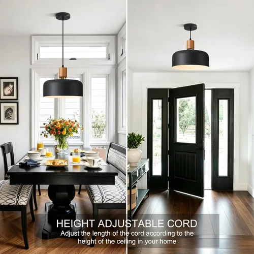 Vista 6 de Lámpara colgante moderna negra sobre isla de cocina, iluminación colgante industrial, lámpara colgante de techo de madera ajustable para comedor