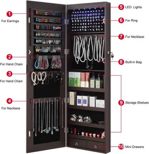 Vista 4 de GISSAR Armario de joyería con espejo de longitud completa, 6 luces LED, armario de joyería montado en la pared sobre la puerta, organizador de joyas