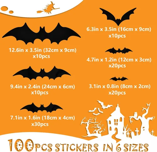 Vista 2 de Decoraciones de Halloween de murciélagos, 100 piezas de decoración de pared de murciélagos 3D, 6 tamaños de calcomanías de murciélago de PVC