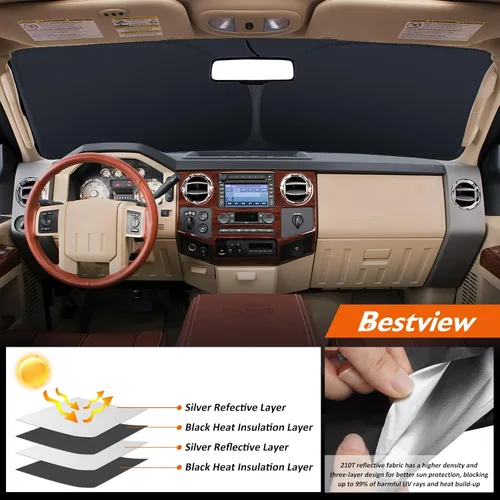 Vista 7 de Bestview - Parasol para parabrisas con bandera americana para Ford F-250 F-350 de 2008-2016, parasol plegable personalizado para ventana delantera
