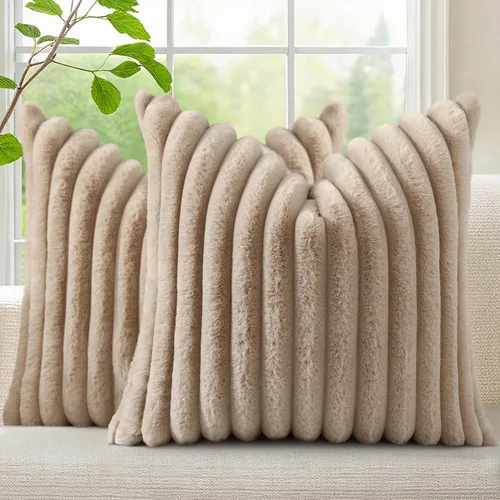 Vista 23 de decorUhome Fundas de almohada de piel sintética, juego de 2, decorativas, afelpadas, suaves, afelpadas, a rayas, parte posterior de terciopelo