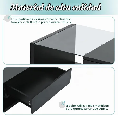 Vista 4 de LUMISOL - Mesa de centro moderna con cajón de almacenamiento para sala de estar, color negro Mesa central de alto brillo con vidrio templado, mesa