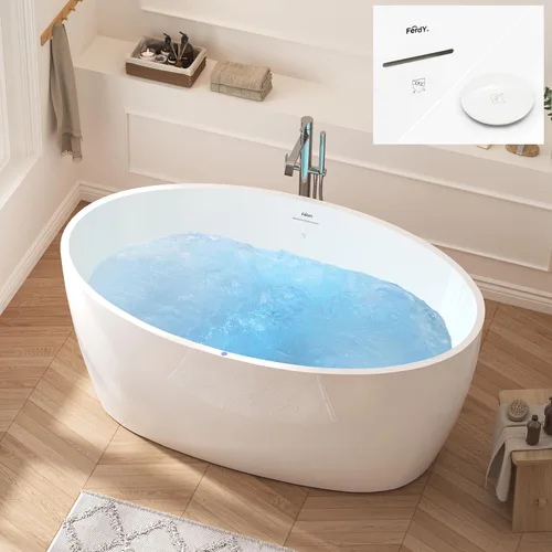 Vista 14 de FerdY Tahití - Bañera de acrílico independiente de 55 pulgadas, elegante bañera de remojo de forma ovalada, blanco brillante, drenaje dorado