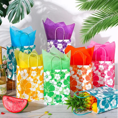 Vista 4 de Teling 12 Set Hibiscus Party Favor Hawaiian Themed Paper Bag with Tissues Summer Tropical Gift Tiki Luau Treat Hawaii Goodie Bags with Handles