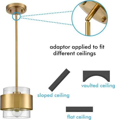 Vista 2 de CLAXY - Lámpara colgante de cocina dorada con pantalla cilíndrica transparente Straight Gold Rod Small Hanging Light for Kitchen Sink/Bar Dining