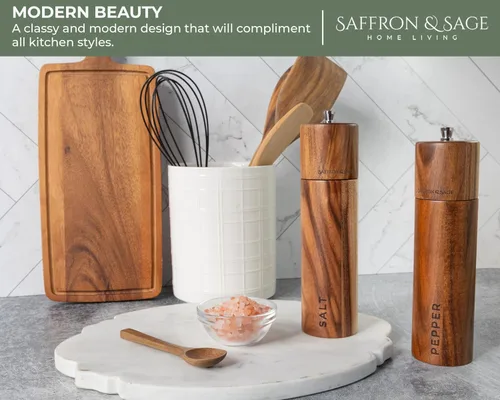 Vista 4 de Saffron & Sage Premium - Molinillo de sal y pimienta de madera de acacia de 2 a 8 pulgadas de alto con ajustes gruesos ajustables, resistente a