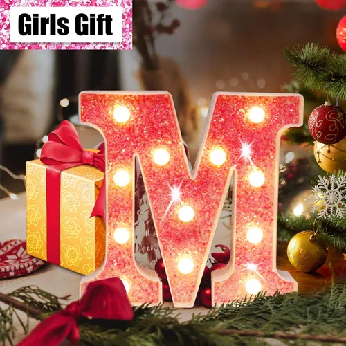 Vista 2 de Letras rosas iluminadas con purpurina, letras del alfabeto rosas, letreros de luces LED en marquesina rosas con batería para iluminación nocturna