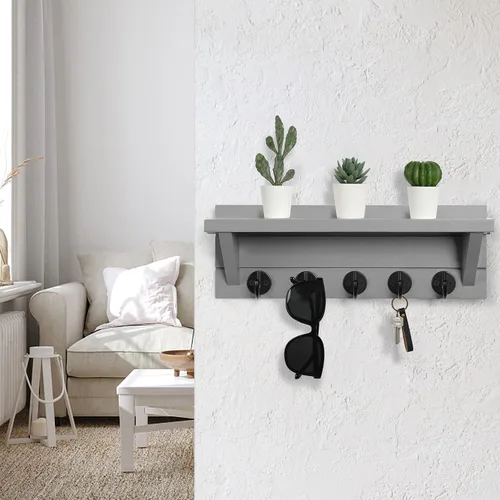 Vista 6 de Lwenki Soporte para Llaves de Pared con Estante, Estante Rústico con Ganchos Hecho de Madera de Paulownia que Sostiene Llaves, Correa de Perro Gris