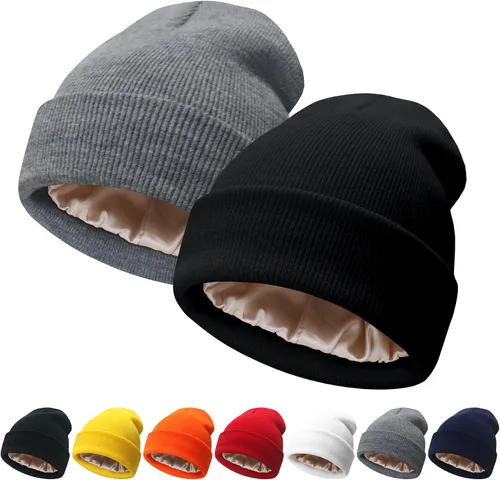 Vista 21 de NPQQUAN 2 PCS Satin Lined Beanie for Women Silk Lined Beanies Winter Warm Soft Lining Cuffed Knit Beanie Hats for Women