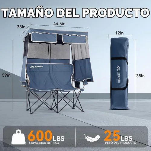 Vista 3 de Double Camping Chair with Canopy,2 Person Folding Chair with Canopy, Blue