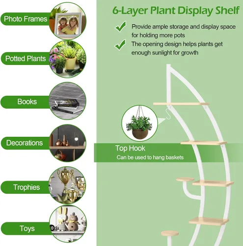 Vista 4 de Giantex Soporte para plantas de metal de 6 niveles para interiores, círculo luna-blanco