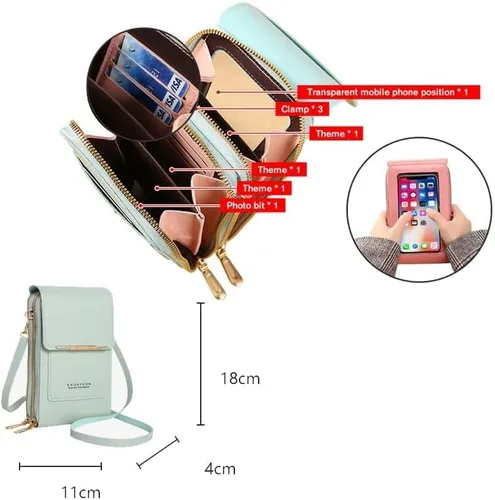 Vista 5 de Bolsa de cuero antirrobo, pequeña bolsa cruzada para teléfono celular para mujer con pantalla táctil