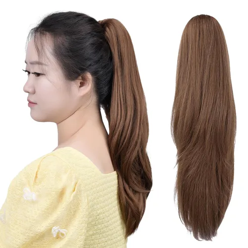 Vista 12 de Cola de caballo con clip, color castaño rojizo, ondulado de 10 pulgadas, extensión de cola de caballo de 3.3 onzas, extensiones de cabello sintético