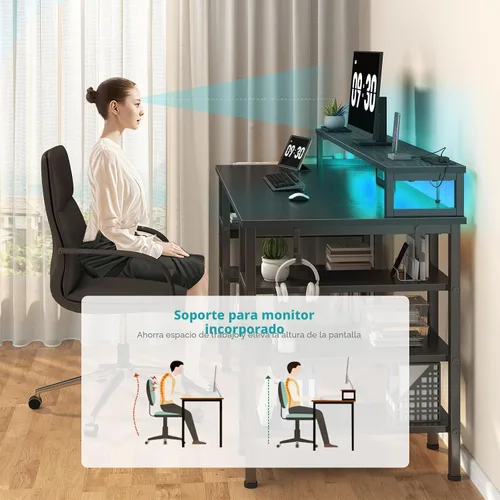Vista 5 de Lufeiya - Escritorio para juegos con luces LED y estantes de almacenamiento, escritorio de computadora de 47 pulgadas con enchufes de corriente