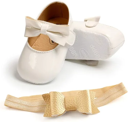 Vista 2 de OAISNIT Zapatos planos para bebé niña Mary Jane, zapatos de cuna con diadema
