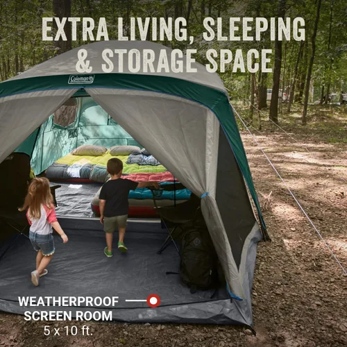Vista 3 de Coleman Skylodge Camping Tent with Rainfly & Screened Porch, XL Weatherproof Family Tent Fits 4 Queen-Sized Airbeds, Color-Coded Poles & Sleeves