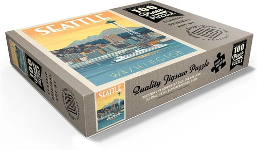 Vista 3 de MyPuzzle Seattle, WA: Ferry, póster vintage, rompecabezas de 100 piezas para adultos