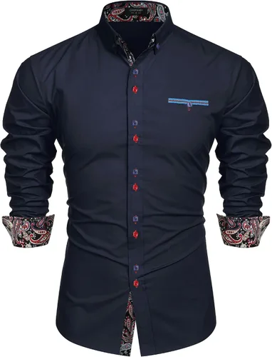 Vista 6 de COOFANDY Camisa de vestir para hombre, manga larga, casual, con botones, de cachemira, para fiesta, boda, vestido Marrón