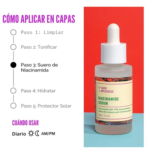 Vista 5 de Good Molecules Suero de niacinamida - Suero facial B3 equilibrante de niacinamida al 10% para acné, tono, textura, iluminador e hidratante