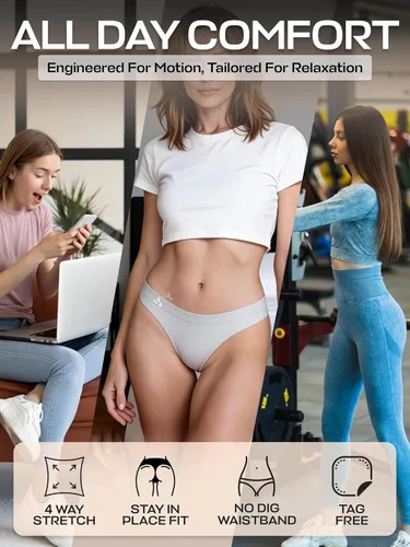 Vista 5 de Balanced Tech Ropa interior que absorbe la humedad para mujer, tangas de entrenamiento sin costuras, de secado rápido, tangas de viaje Paquete de 6