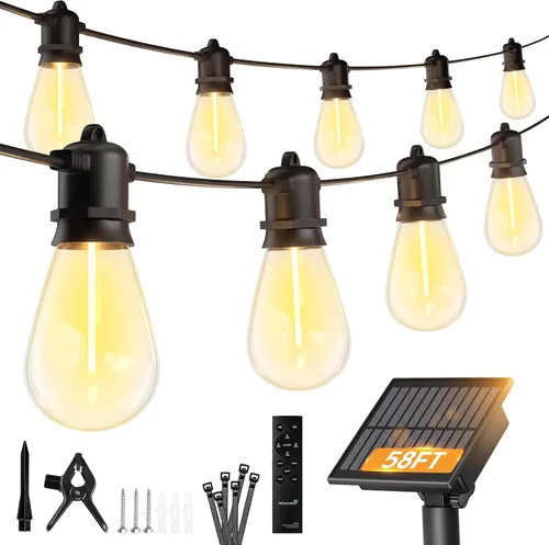 Vista 11 de Minetom Tira de luces solares de 34 pies para exteriores con control remoto, luces de patio con 10 bombillas LED inastillables y ganchos, enchufe
