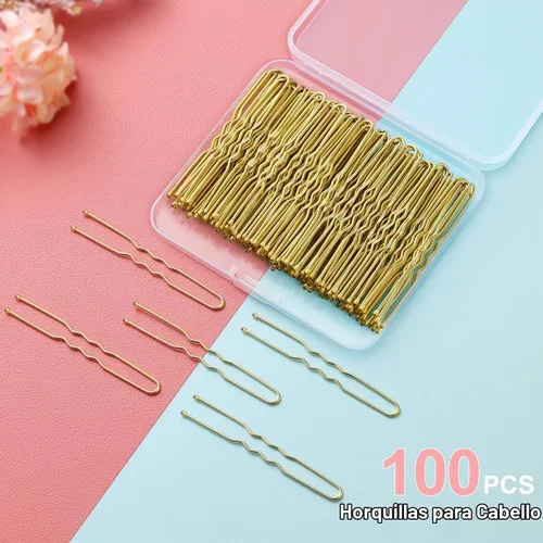 Vista 5 de TsMADDTs - 100 horquillas para el cabello en forma de U, para mujeres y niñas con caja (dorado, 2.4 pulgadas)