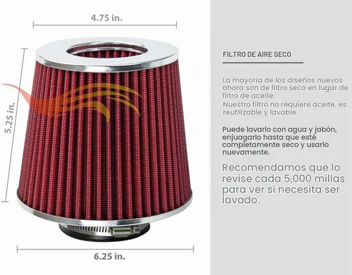 Vista 3 de Filtro de aire seco ROJO de 2.5" 63.5 mm con entrada de cono de aire frío de repuesto de alto rendimiento lavable con abrazadera 2.5-inch (63.5mm)