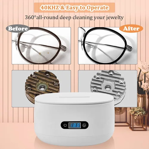 Vista 3 de Limpiador ultrasónico de joyas, limpiador de joyas con temporizador digital de 40 kHz, 20.3 fl oz, limpiador ultrasónico de joyas con cesta