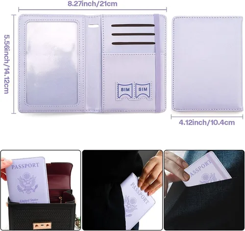Vista 2 de Soporte para pasaporte y tarjetero de vacuna, cartera para pasaporte, funda para pasaporte con bloqueo RFID, Púrpura, Compacto