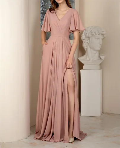 Vista 2 de Flutter Sleeve Bridesmaid Dresses with Pockets V Neck Chiffon Formal Party Gowns with Slit