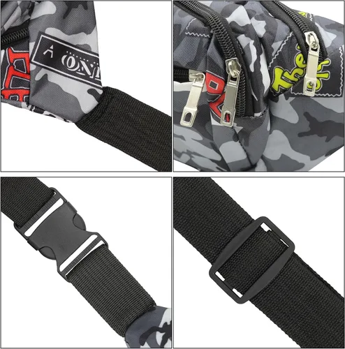 Vista 7 de AIBEARTY Riñonera para niños, pequeña, de camuflaje, con correa ajustable, para correr, acampar, viajes, B gris