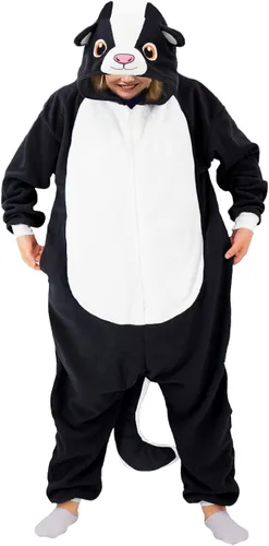 Vista 3 de YUNTAISHAN Pijama de skunk para adultos, disfraz de skunk para cosplay, disfraz de animal de Halloween, mono de una pieza para hombres y mujeres
