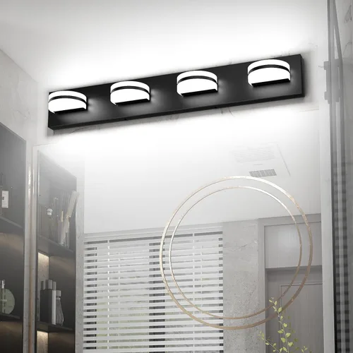 Vista 11 de Aipsun Lámpara de tocador negra moderna regulable, luz LED acrílica, 3 luces de pared de baño (luz blanca, 6000 K)
