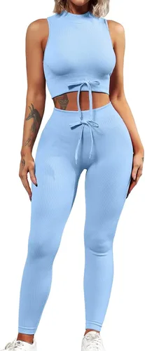 Vista 4 de QINSEN Conjuntos de entrenamiento acanalados para mujer sin costuras cuello alto brasier deportivo con control de abdomen leggings de yoga de 2