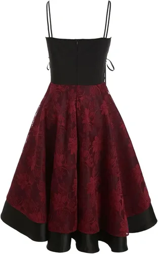 Vista 2 de Vestido vintage steampunk para mujer, con tirantes delgados, vestido de encaje floral, vestido alto y bajo, vestido Lolita para Halloween