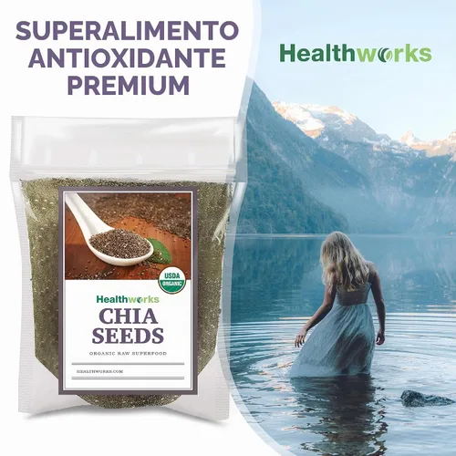 Vista 4 de Semillas de chía Healthworks de 3 libras y 6 libras Natural, crudo, 2 libras, Omega-3, fibra, proteínas, sin OMG, vegano, keto, para batidos