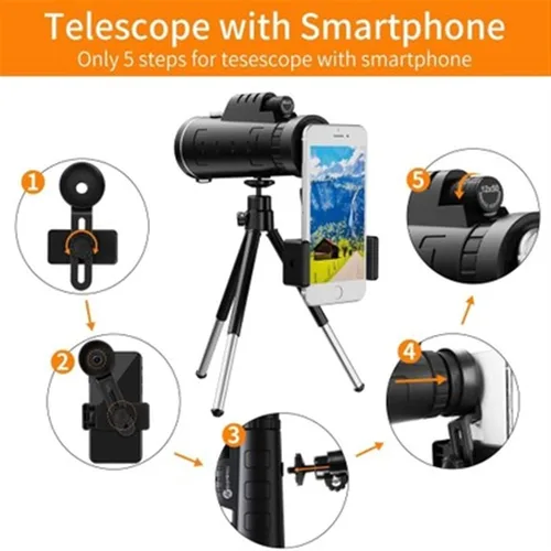 Vista 6 de Portable Monocular 12x50 telescopes High-Power High-Magnification Low Light Monoculars are Equipped with a Teles Tripod Phone Holder. Adult